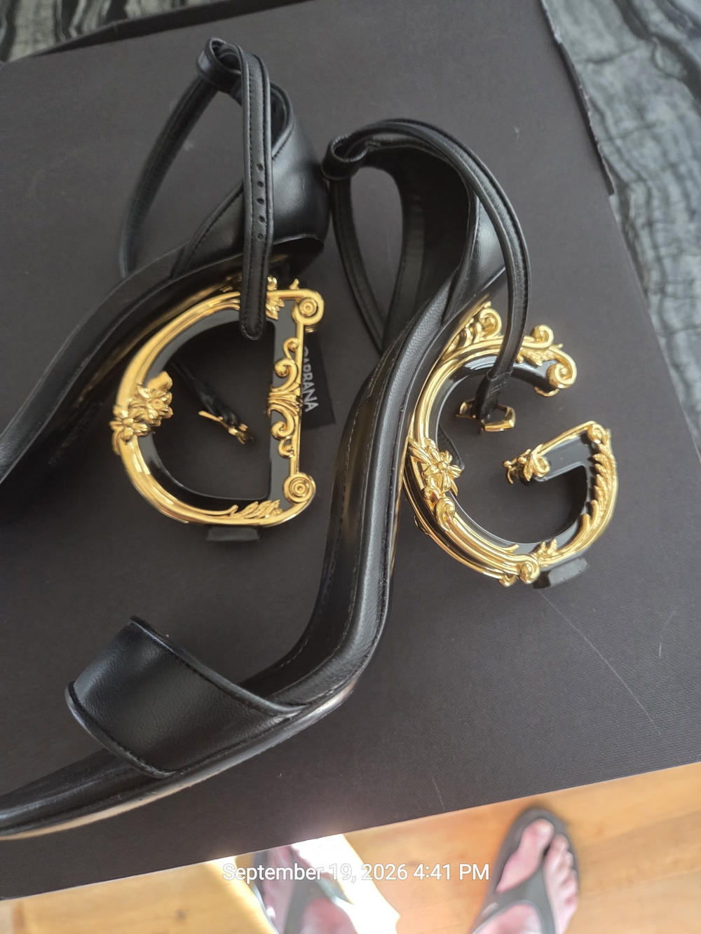 Dolce & Gabbana Keira Baroque DG Heel Black Leather Ankle-Strap Sandals